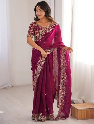 Magenta Color embroidery sequence work chiffon Saree 1