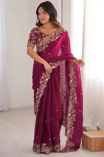 Magenta Color embroidery sequence work chiffon Saree