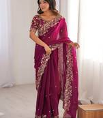 Magenta Color embroidery sequence work chiffon Saree