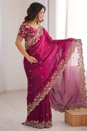 Magenta Color embroidery sequence work chiffon Saree