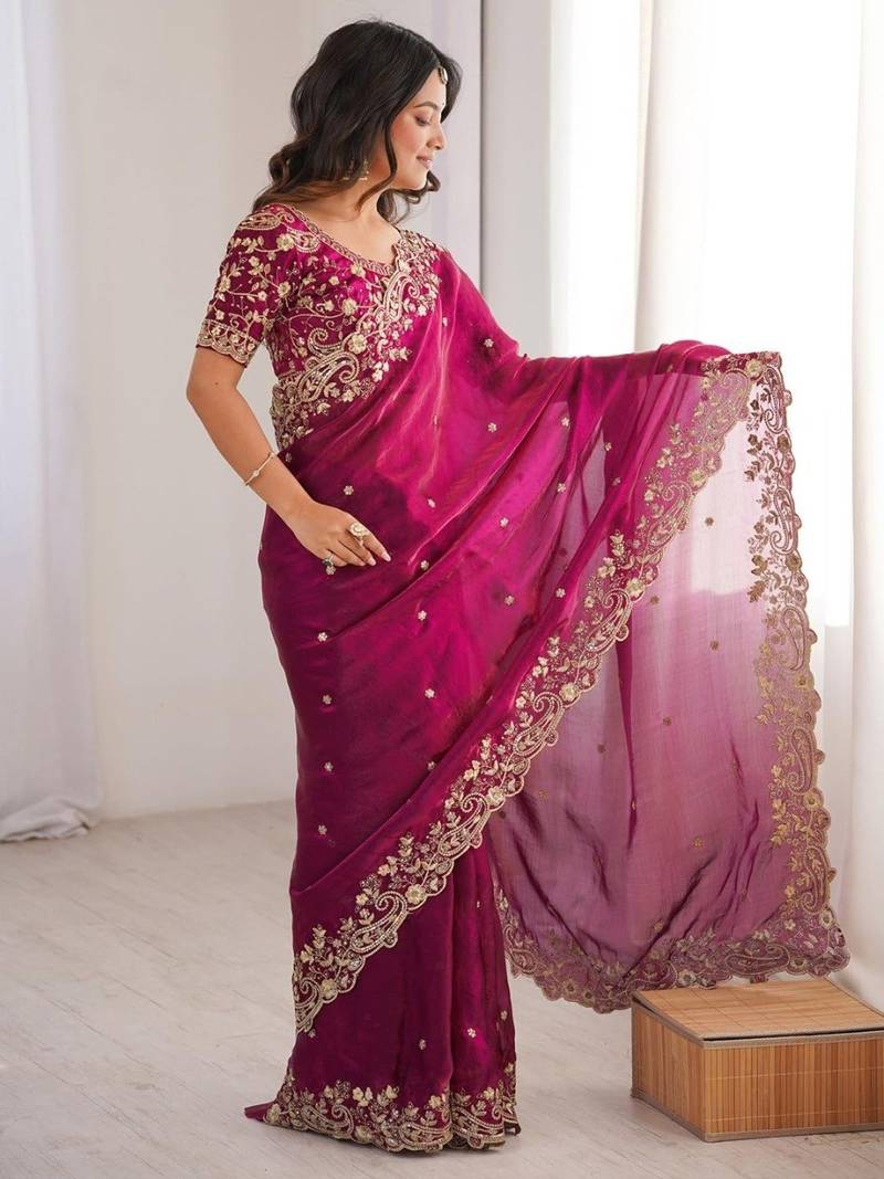 Magenta Color embroidery sequence work chiffon Saree