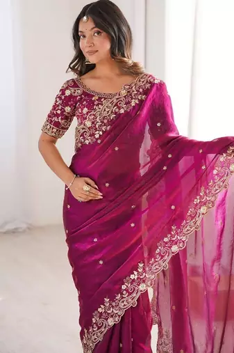 Magenta Color embroidery sequence work chiffon Saree
