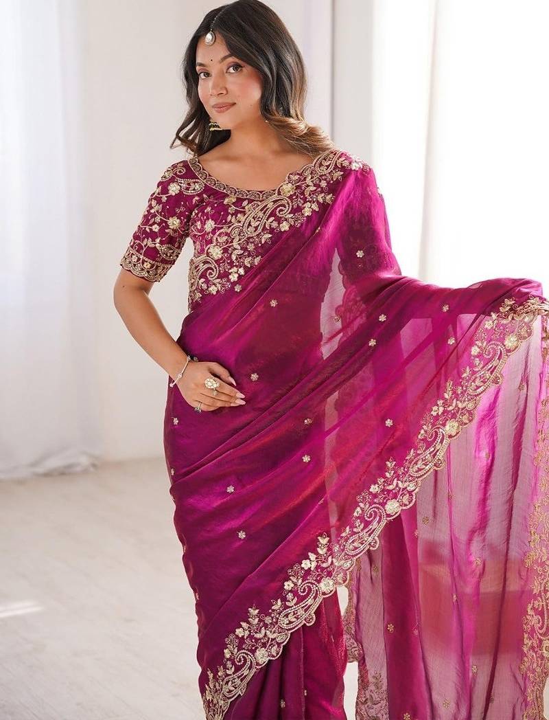 Magenta Color embroidery sequence work chiffon Saree