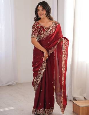 Red Color embroidery sequence work chiffon Saree 1