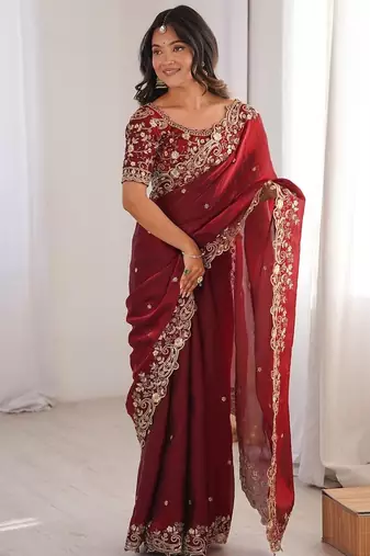 Red Color embroidery sequence work chiffon Saree