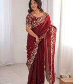 Red Color embroidery sequence work chiffon Saree