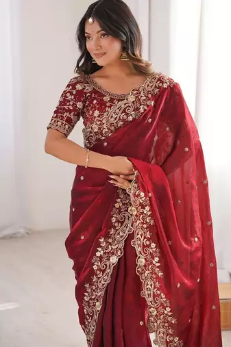 Red Color embroidery sequence work chiffon Saree