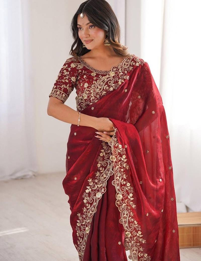 Red Color embroidery sequence work chiffon Saree
