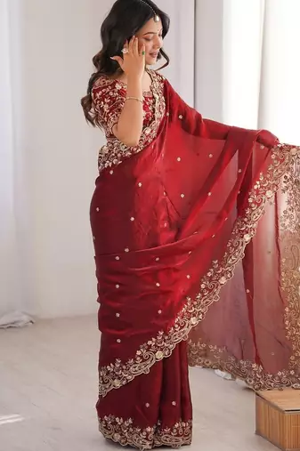 Red Color embroidery sequence work chiffon Saree
