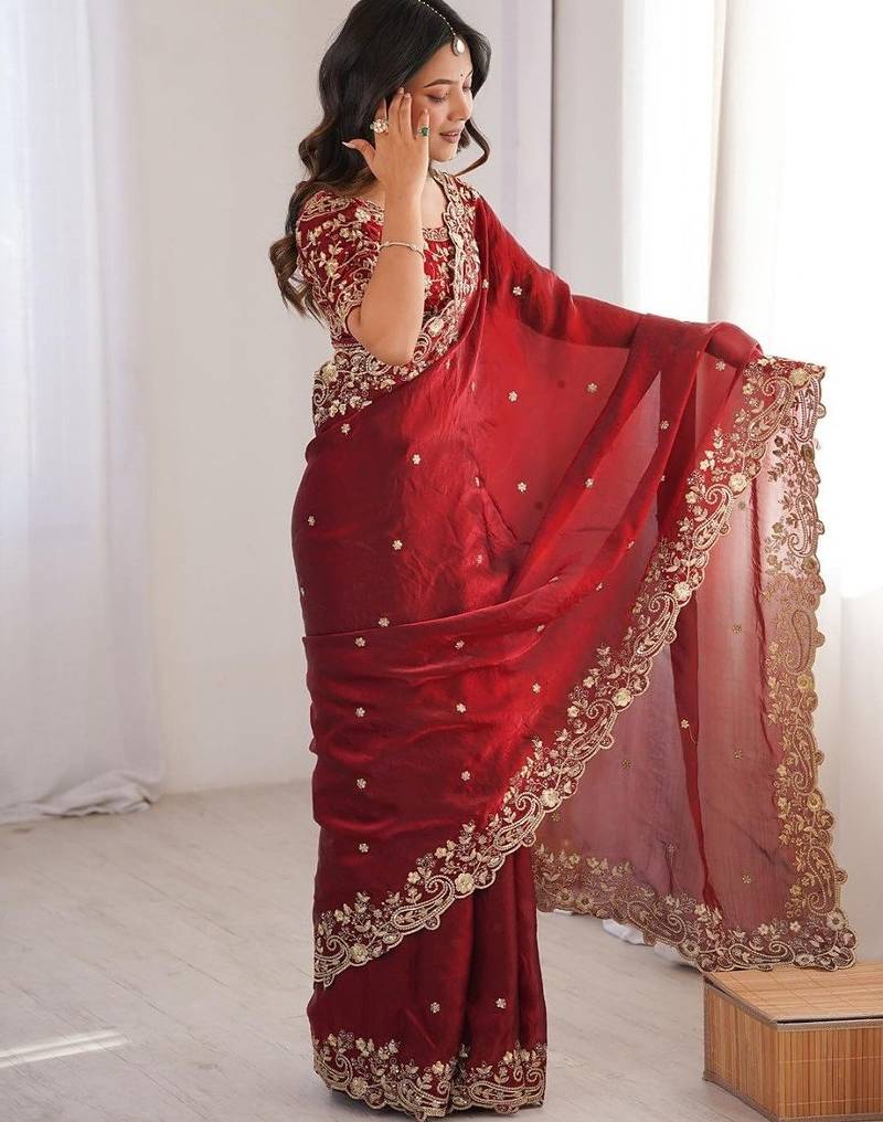 Red Color embroidery sequence work chiffon Saree