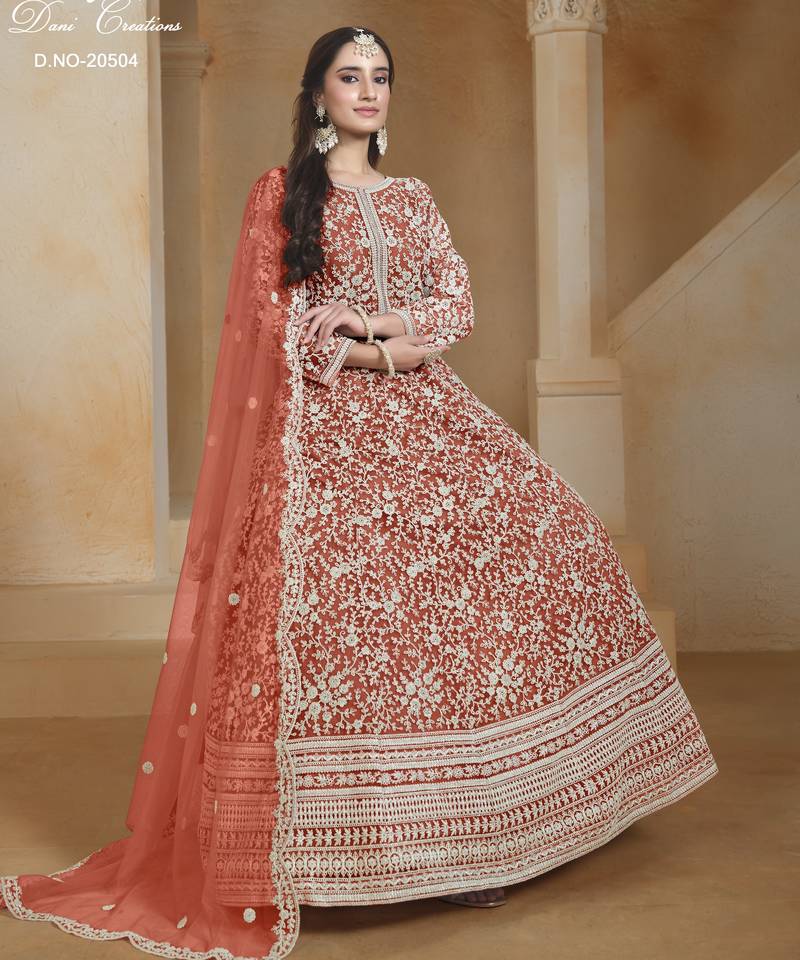 ORANGE COLOR CORDING WORK HEAVY NET SEMI STICHED DESIGNER GOWN 
