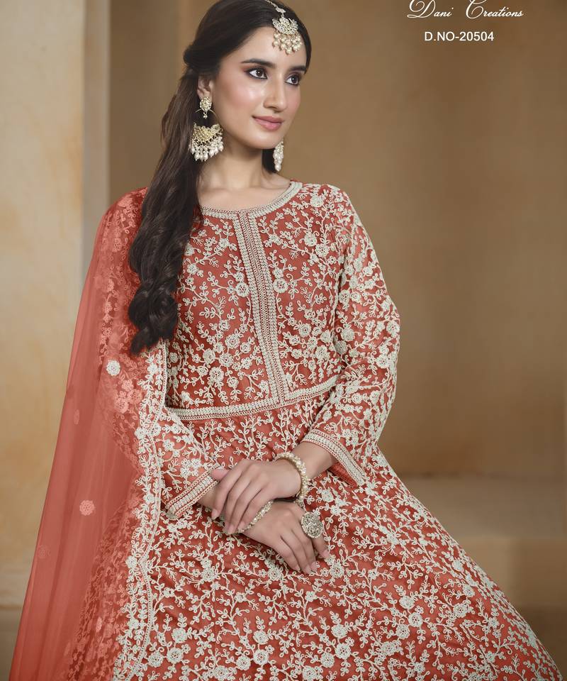 ORANGE COLOR CORDING WORK HEAVY NET SEMI STICHED DESIGNER GOWN 