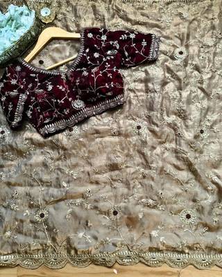 Cream Color embroidery work satin Saree 2