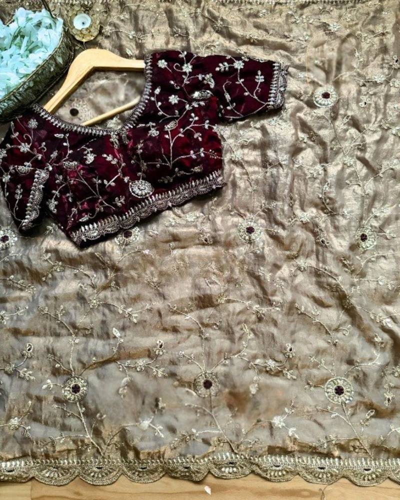 Cream Color embroidery work satin Saree