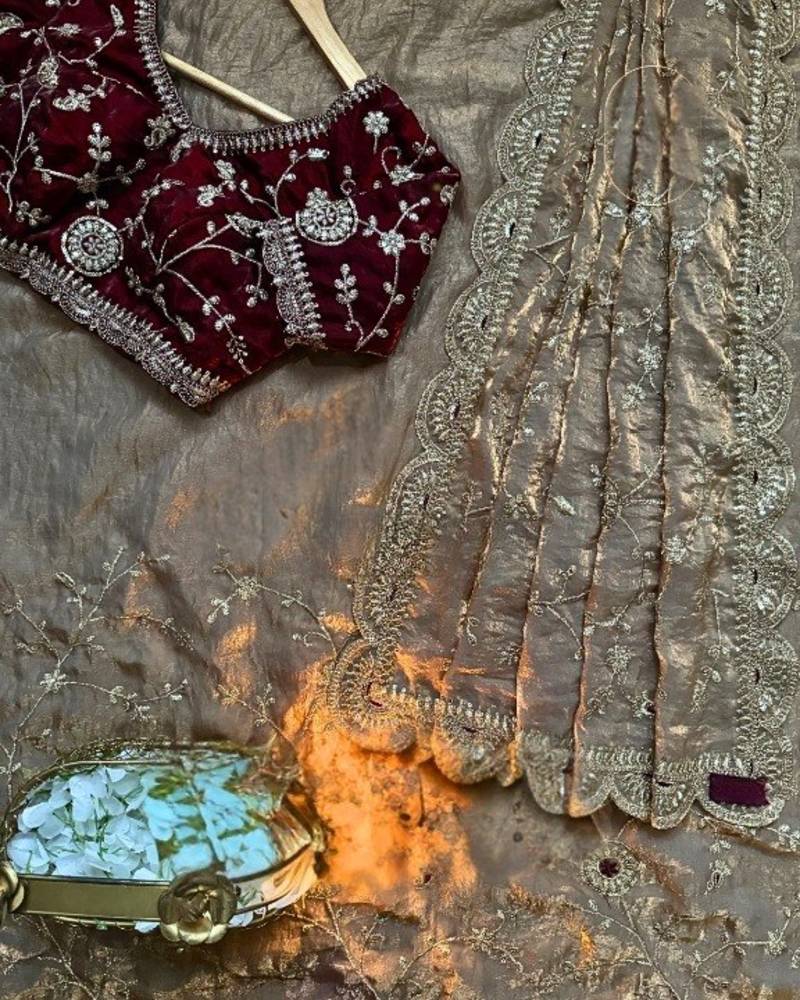 Cream Color embroidery work satin Saree