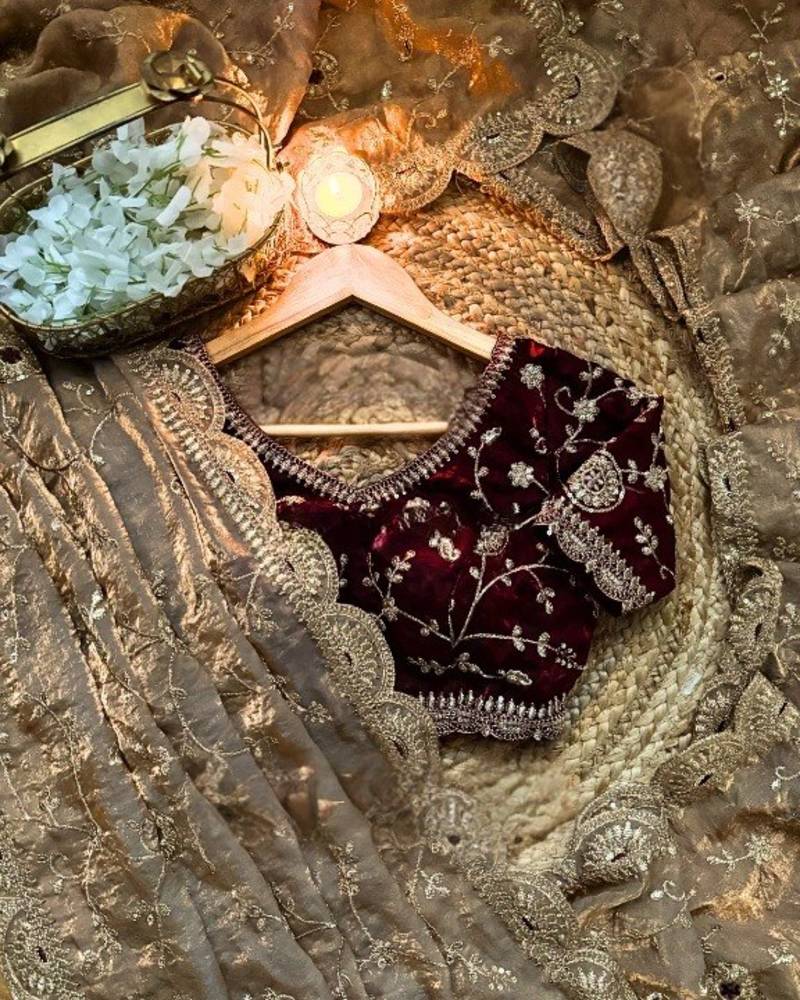 Cream Color embroidery work satin Saree