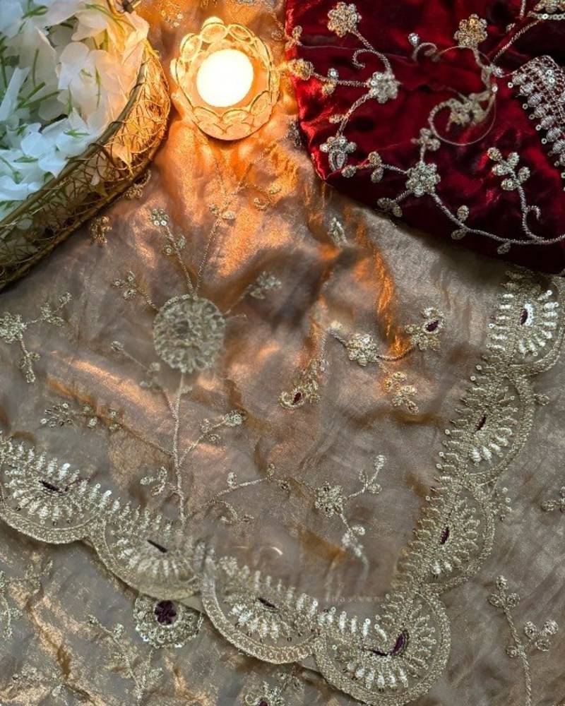 Cream Color embroidery work satin Saree