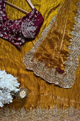 Mustrad Color  embroidery sequence work chiffon Saree