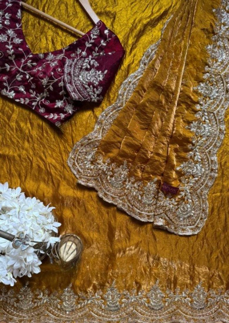 Mustrad Color  embroidery sequence work chiffon Saree