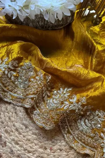 Mustrad Color  embroidery sequence work chiffon Saree
