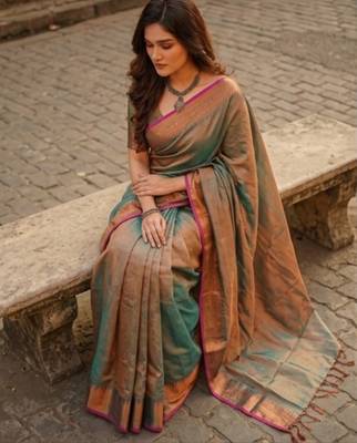  rama green handloom cotton tissue saree 5