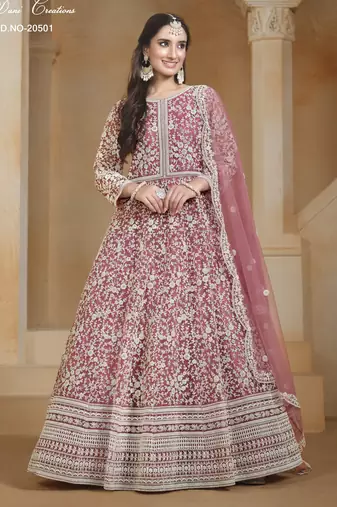 PINK COLOR CORDING WORK HEAVY NET SEMI STICHED DESIGNER GOWN 