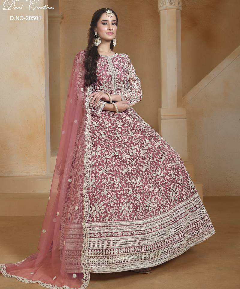 PINK COLOR CORDING WORK HEAVY NET SEMI STICHED DESIGNER GOWN 