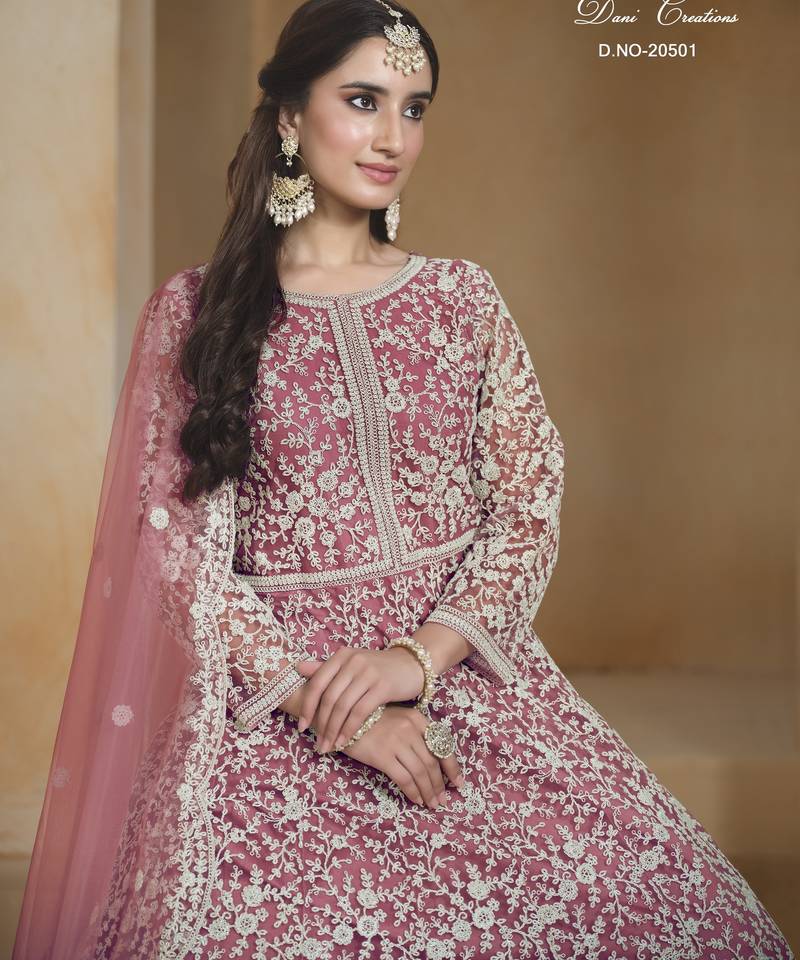 PINK COLOR CORDING WORK HEAVY NET SEMI STICHED DESIGNER GOWN 