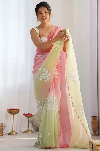 Light Pink Color embroidery sequence work chiffon Saree