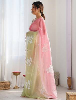 Light Pink Color embroidery sequence work chiffon Saree 3