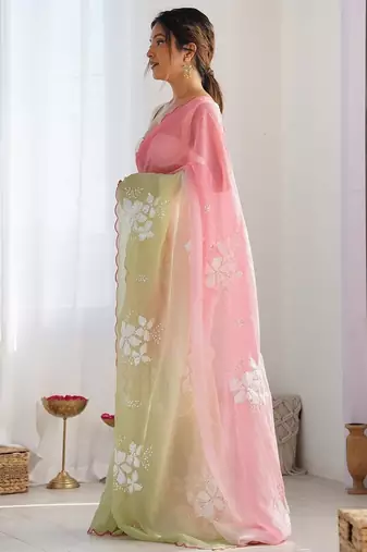 Light Pink Color embroidery sequence work chiffon Saree