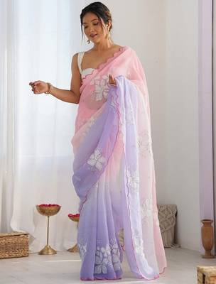 Lavender Color embroidery sequence work chiffon Saree 1