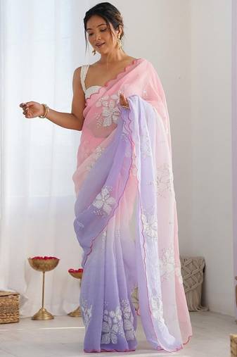 Lavender Color embroidery sequence work chiffon Saree