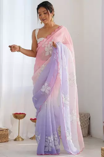 Lavender Color embroidery sequence work chiffon Saree