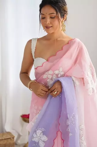 Lavender Color embroidery sequence work chiffon Saree