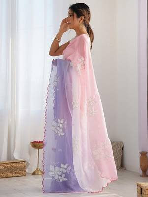 Lavender Color embroidery sequence work chiffon Saree 3