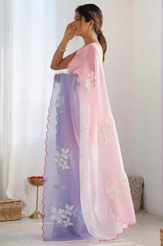 Lavender Color embroidery sequence work chiffon Saree