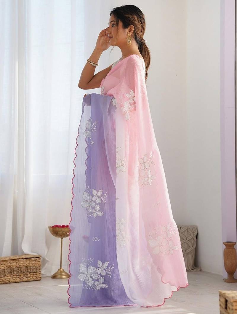 Lavender Color embroidery sequence work chiffon Saree