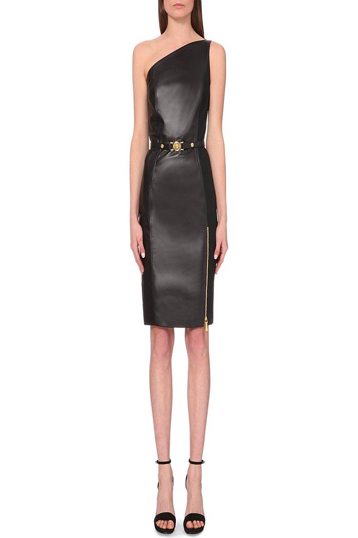 women’s lambskin genuine leather bodycon dress one shoulder wear mini dress