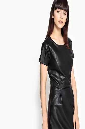 women's genuine lambskin mini leather dress short sleeve design modern