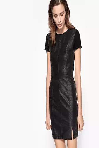 women's genuine lambskin mini leather dress short sleeve design modern