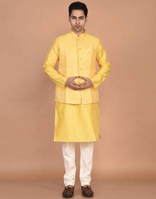 Men's woven design floral jacquard kurta jacket set 1