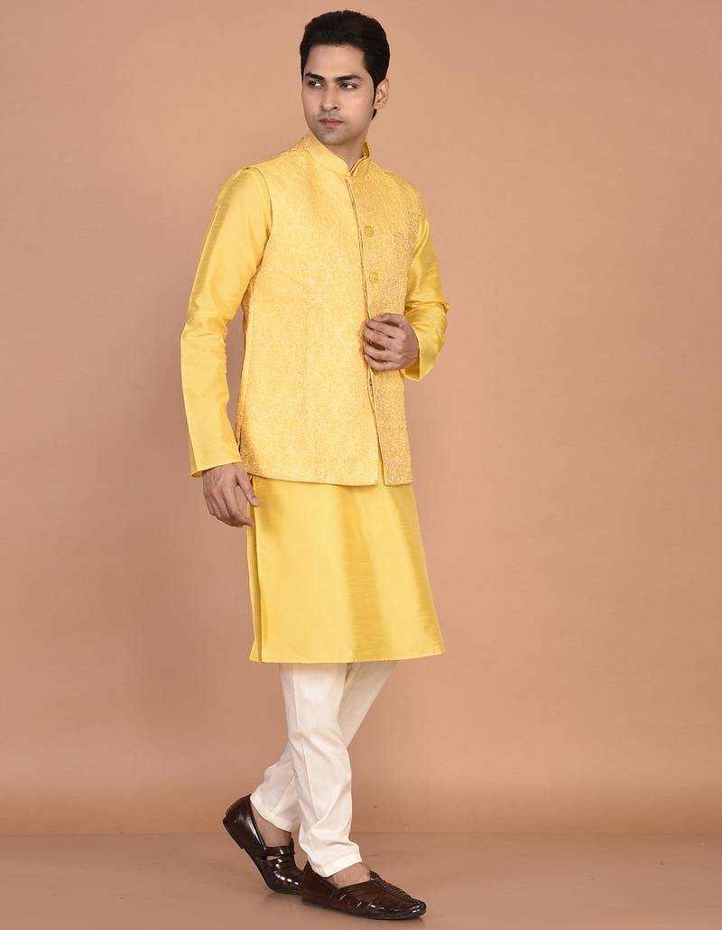 Men's woven design floral jacquard kurta jacket set