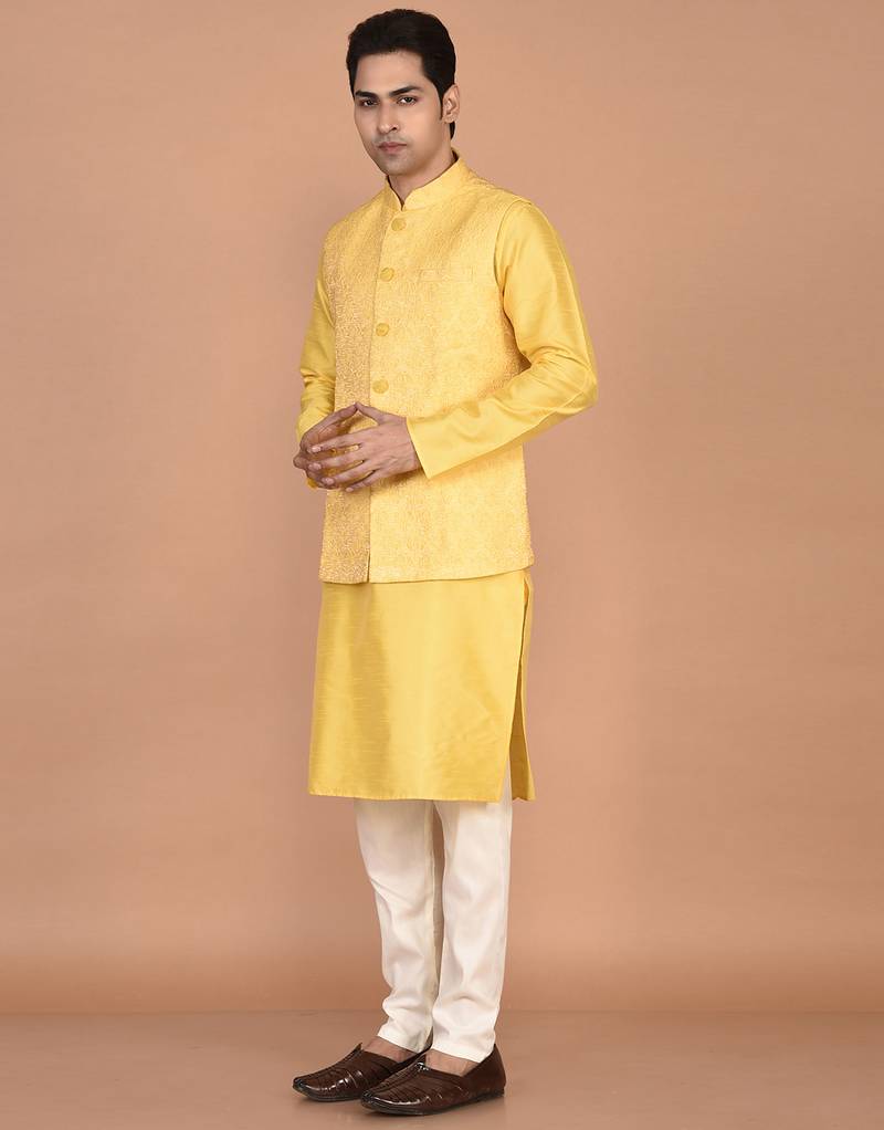 Men's woven design floral jacquard kurta jacket set