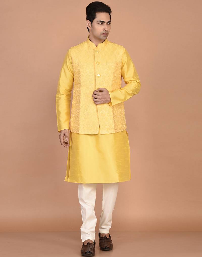 Men's woven design floral jacquard kurta jacket set