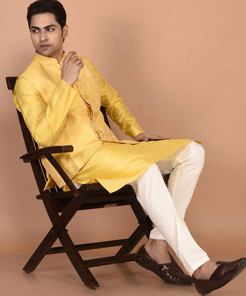 Men's woven design floral jacquard kurta jacket set