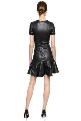 women's genuine lambskin midi leather dress short sleeve design 2