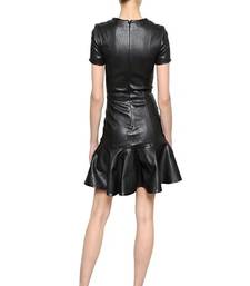women’s genuine lambskin leather dress short sleeve casual midi dress