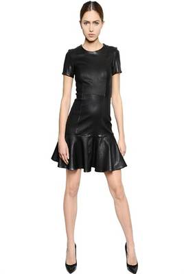 women's genuine lambskin midi leather dress short sleeve design 1