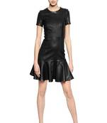 women’s genuine lambskin leather dress short sleeve casual midi dress